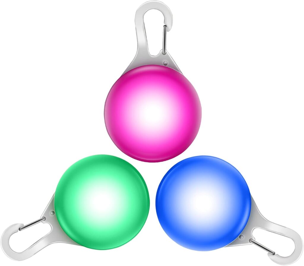 Clip-on LED pet collar lights – Blue, Green, Pink, Silver – 3-pack