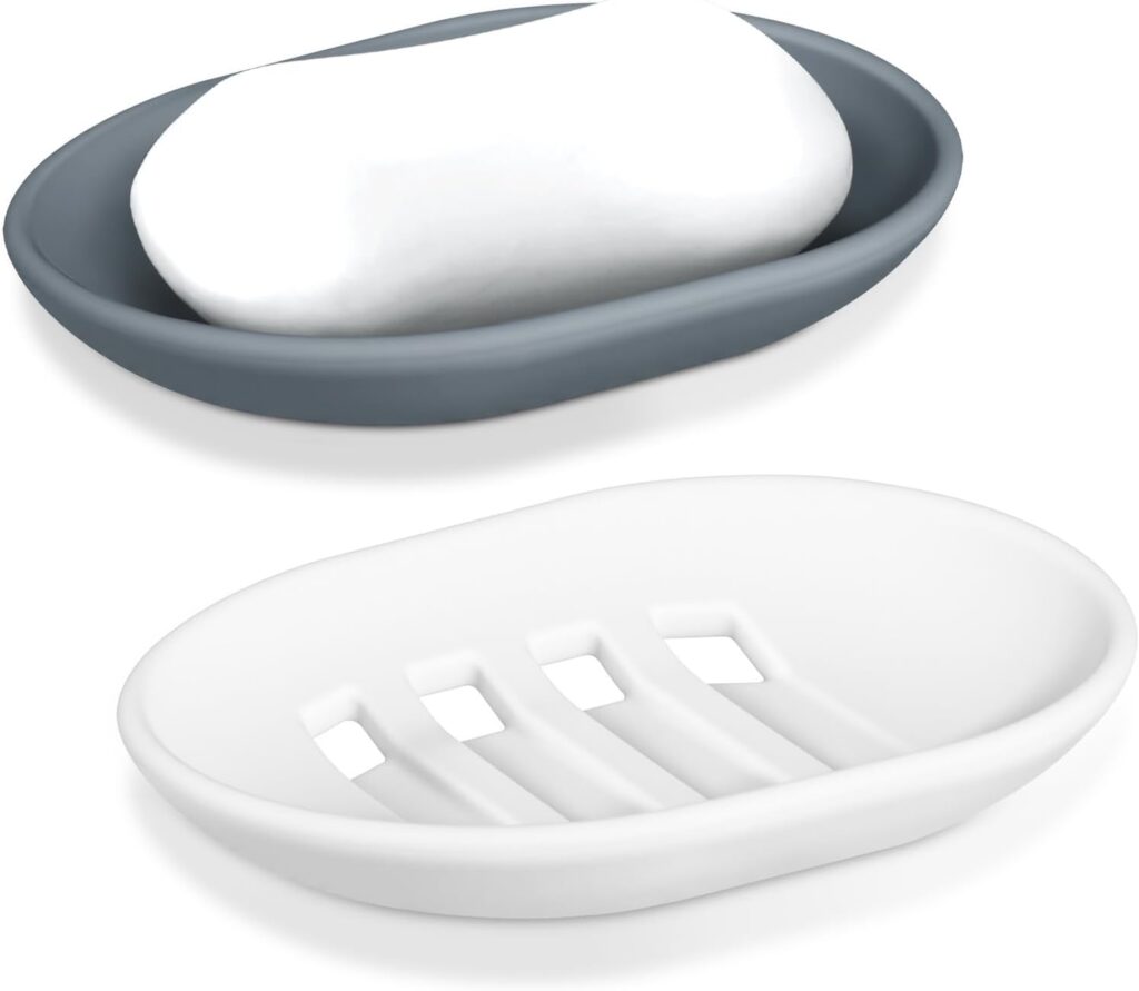 Alyvisun Silicone Soap Dishes, 2pcs Soap Dish with Drainage – Grey, White