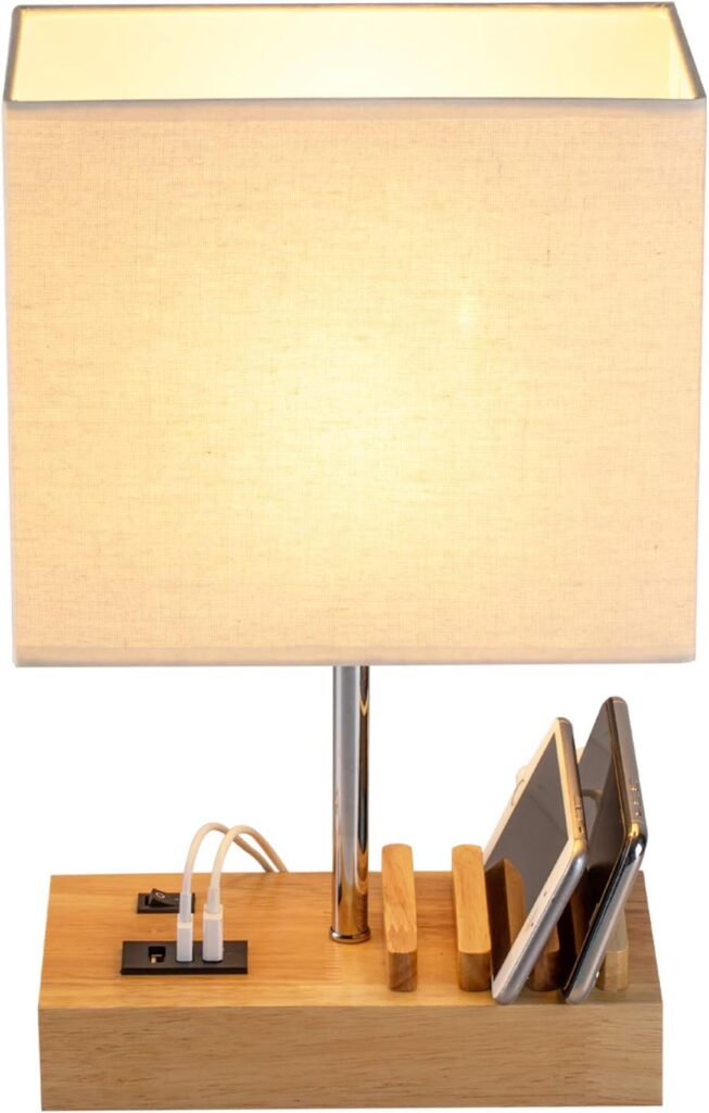 Bedside lamp with charging dock – Linen Shade
