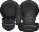 Sagiterra Plastic camping dinnerware set – Black – 18-pack