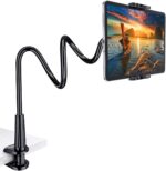 Gooseneck Tablet Holder Stand for Bed: Tryone Adjustable Flexible Arm Tablets Mount Clamp on Table Compatible with iPad – 01-Black