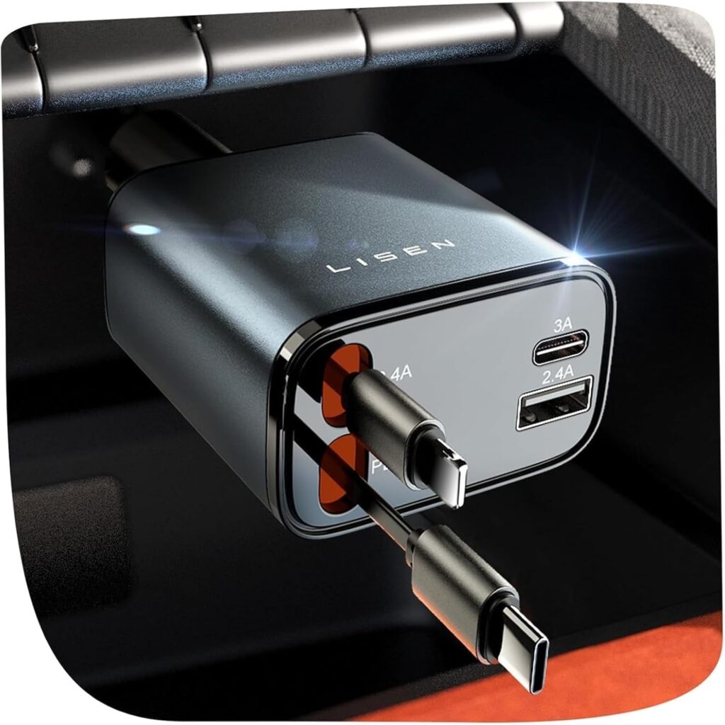 LISEN retractable-cable car charger – 2E7130 – Gunmetal
