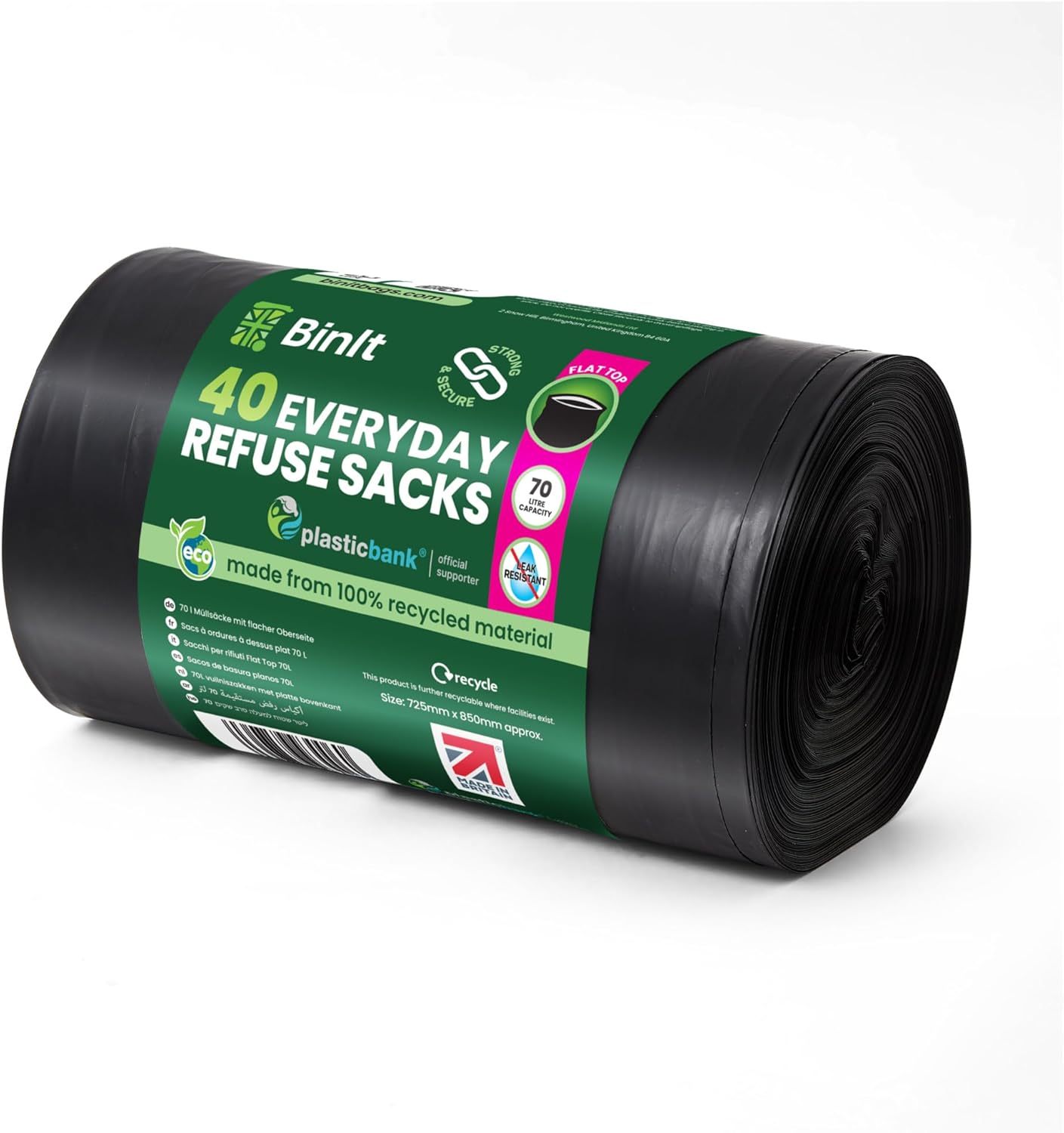 BIN IT 40 Everyday 70L Strong & Secure Refuse Sacks, recycled, tear resistant, 30μm – Black, 70 litres BIN IT 40 Everyday 70L Strong & Secure Refuse Sacks, recycled, tear resistant, 30μm – Black - Image 1