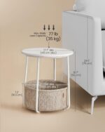 VASAGLE Round side table with fabric basket – VASAGLE LET223W10 – 45 x 50 cm – Matte White + Camel Brown - Image 3