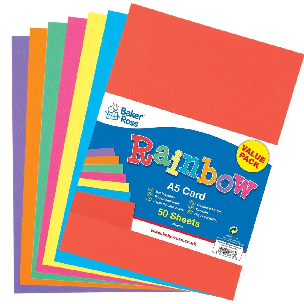 Baker Ross A5 coloured craft card – Assorted – 50-pack