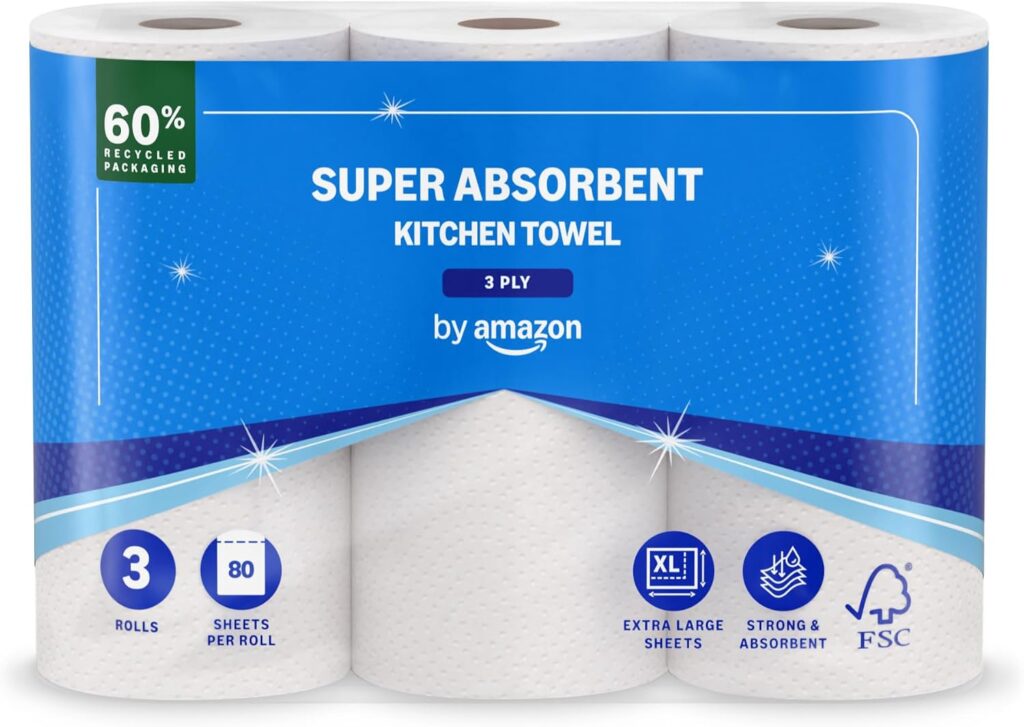 by Amazon Super Absorbent Kitchen Towel, 3 ply, 3 rolls, 80 sheets per roll – White – 3-pack