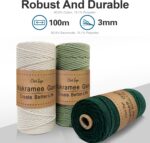3 Rolls Premium Macrame Cord, 3mm x 100m Braided Macrame Rope Twisted Cord Yarn Macrame Yarn Thick Rope for Wall – Beige, Light Green, Dark Green - Image 3