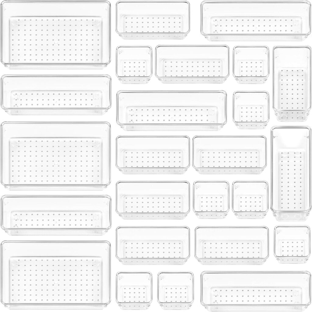 Vtopmart 25 Pack Drawer Organiser, 4-Size Makeup Organizer Trays for Vanity, Bathroom, Desk, Office, Bedroom – Transparent