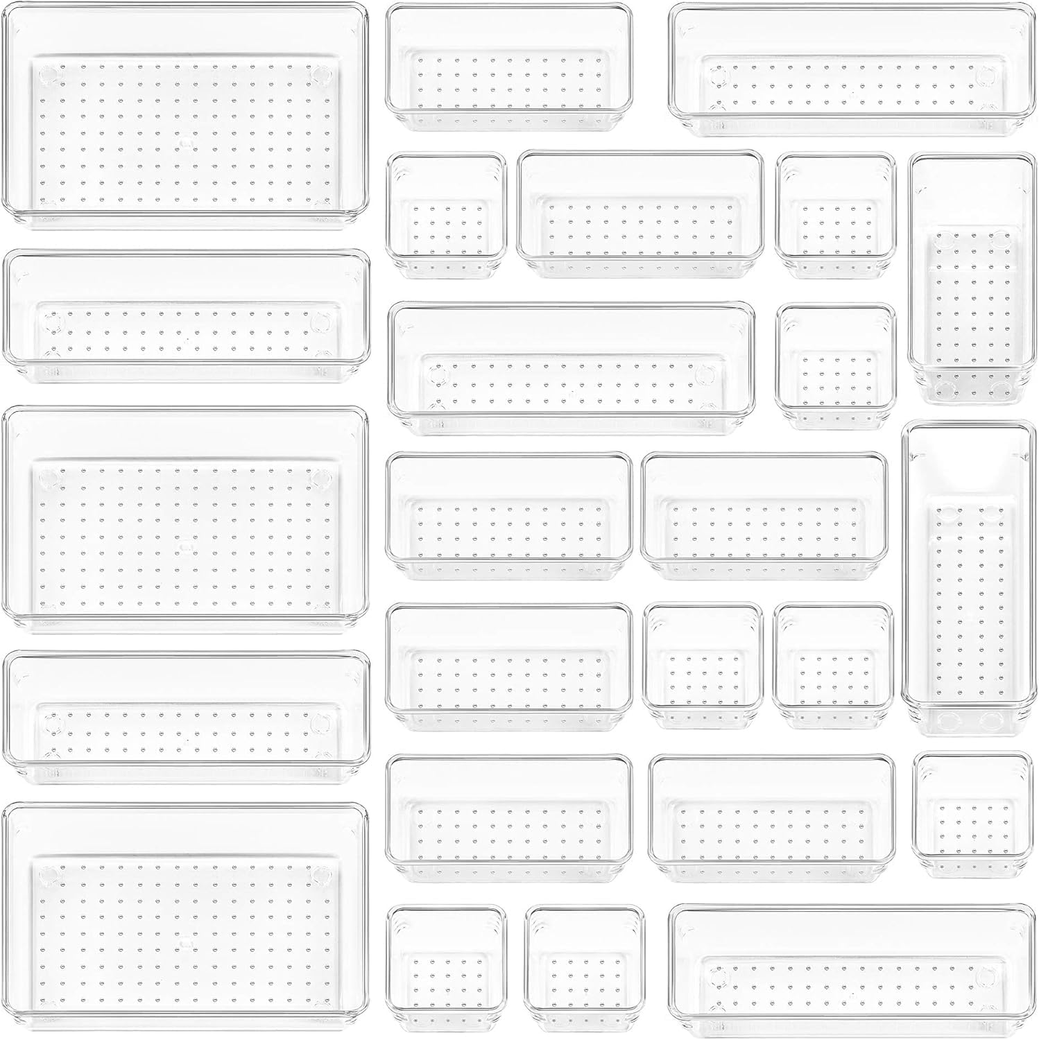 Vtopmart 25 Pack Drawer Organiser, 4-Size Makeup Organizer Trays for Vanity, Bathroom, Desk, Office, Bedroom – Transparent Vtopmart 25 Pack Drawer Organiser, 4-Size Makeup Organizer Trays for Vanity, Bathroom, Desk, Office, Bedroom – Transparent - Image 1