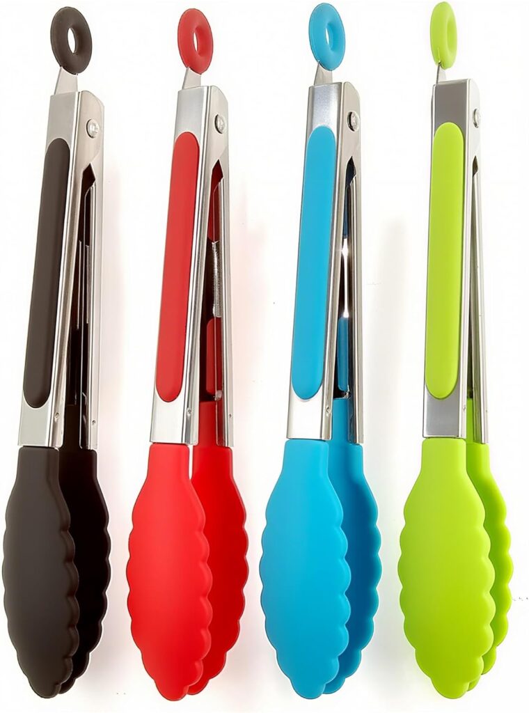 ZHIYE stainless-steel kitchen tongs with locking clips, 7-inch, 4 pack – Black,red,blue,green