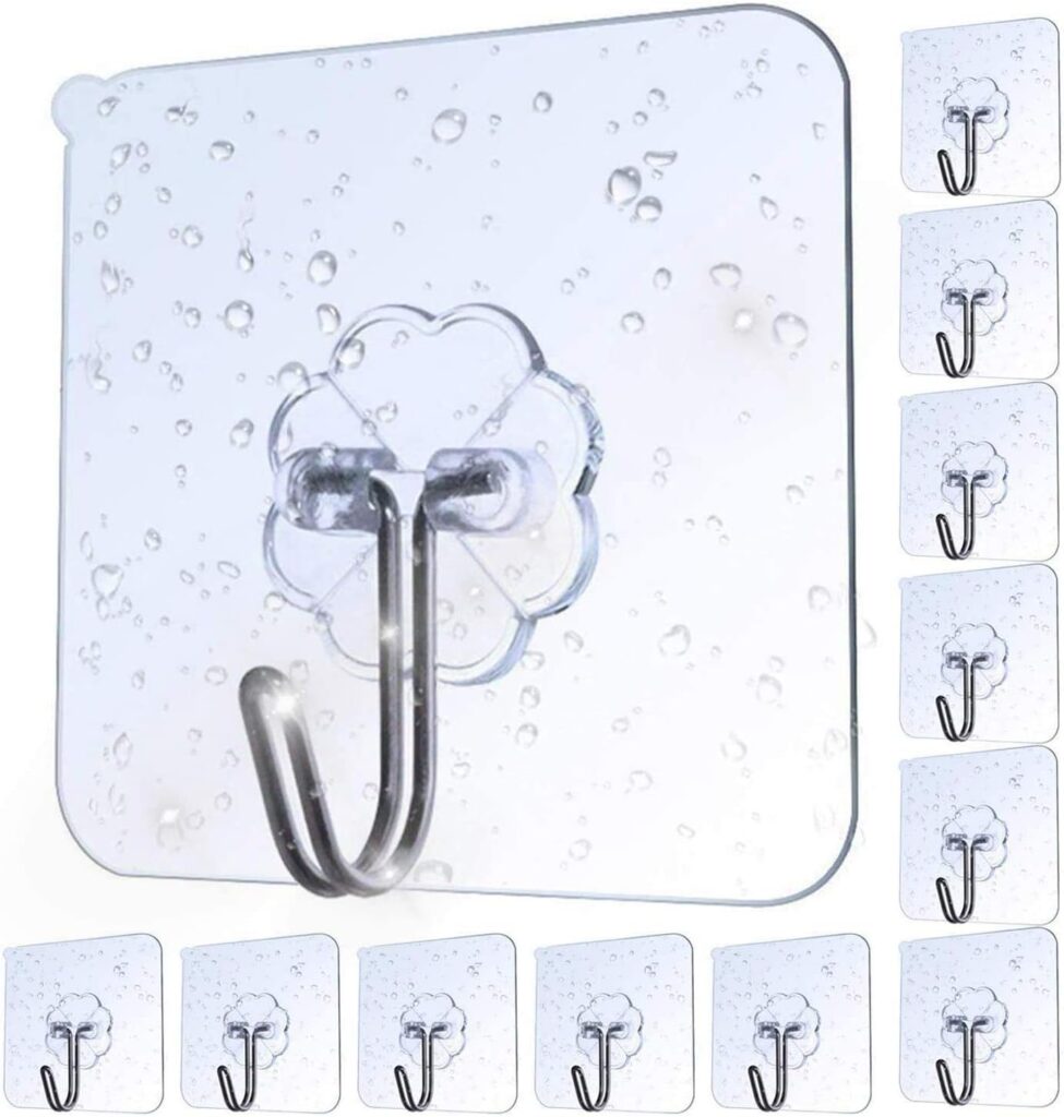 AOMEES Adhesive Hooks Heavy Duty Wall Hooks 8kg (Max) Self Adhesive Hook 12pcs – Transparent