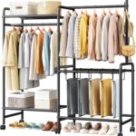 Casavibe Wheeled freestanding clothes rail with top shelf – Black