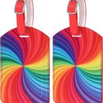 Pecehom Luggage Tags,2 Pcs Leather Baggage Labels,Luggage Tags for Suitcases,Travel Luggage Tag with Name ID Card for Luggage – Spinning rainbow – 2-pack