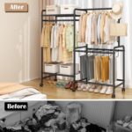 Casavibe Wheeled freestanding clothes rail with top shelf – Black - Image 8
