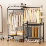 Casavibe Wheeled freestanding clothes rail with top shelf – Black - Image 4