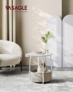 VASAGLE Round side table with fabric basket – VASAGLE LET223W10 – 45 x 50 cm – Matte White + Camel Brown - Image 2