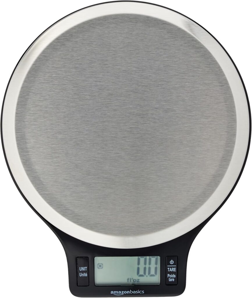 Amazon Basics Digital kitchen scales with LCD display (with batteries), Black and Stainless Steel, BPA free, Weighs up to 11 pounds