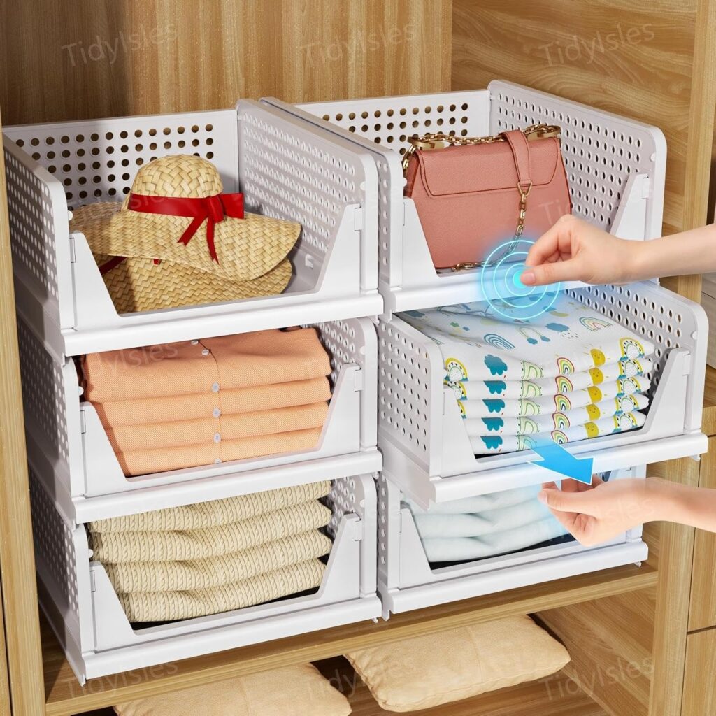 TidyIsles Open stackable wardrobe baskets – White