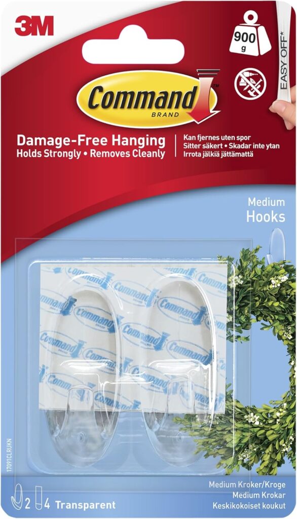 Command Medium Hooks, Clear, 2 Hooks and 4 Adhesive Strips