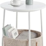 VASAGLE Round side table with fabric basket – VASAGLE LET223W10 – 45 x 50 cm – Matte White + Camel Brown