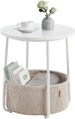 VASAGLE Round side table with fabric basket – VASAGLE LET223W10 – 45 x 50 cm – Matte White + Camel Brown