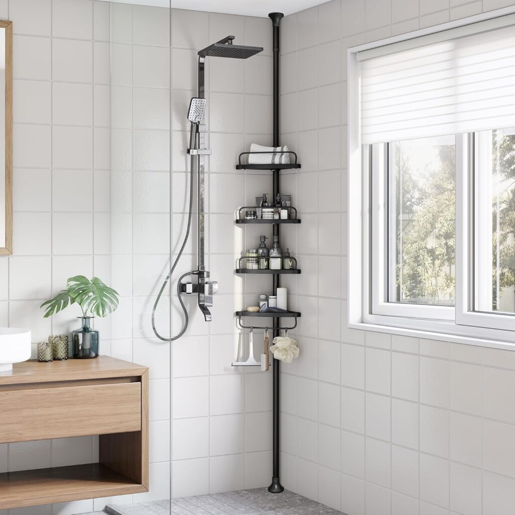 Telescopic tension-pole shower shelf