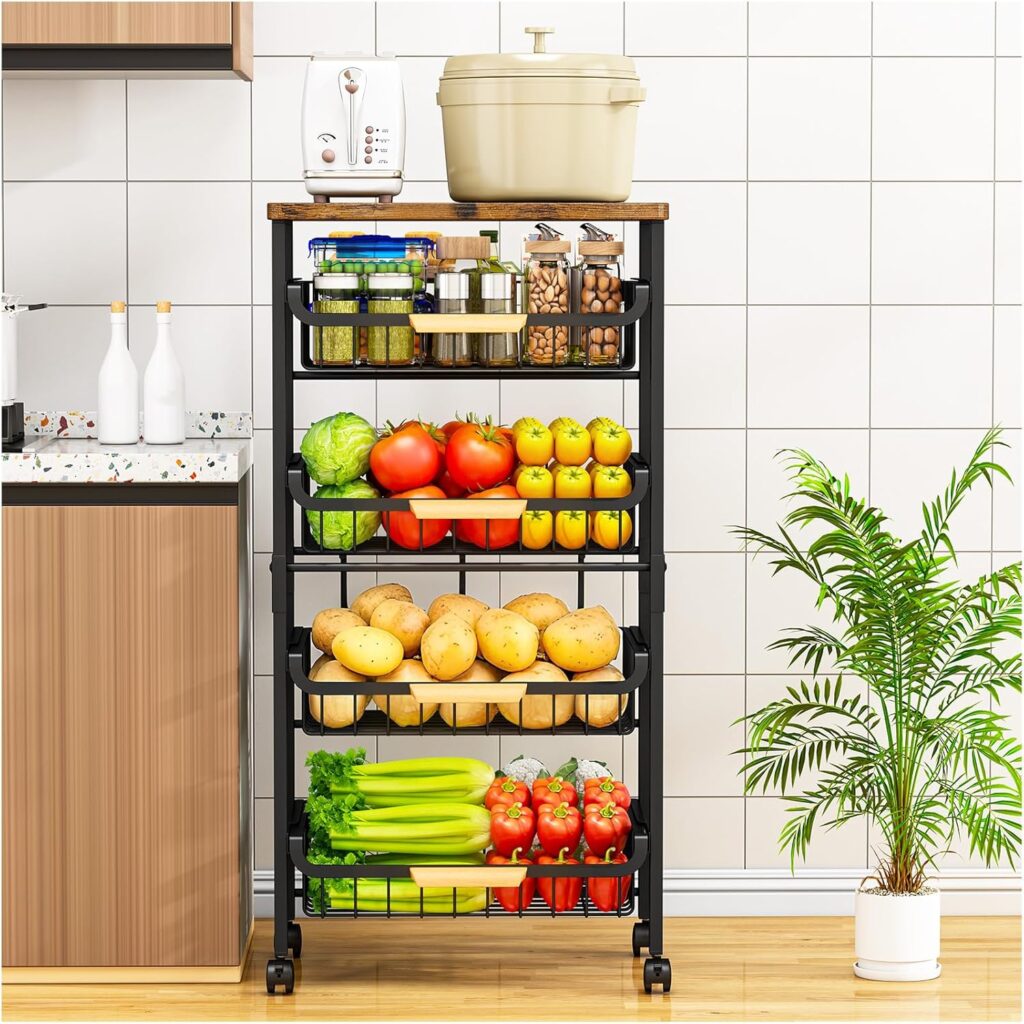 Rolling vegetable basket trolley – 43x86cm – Black