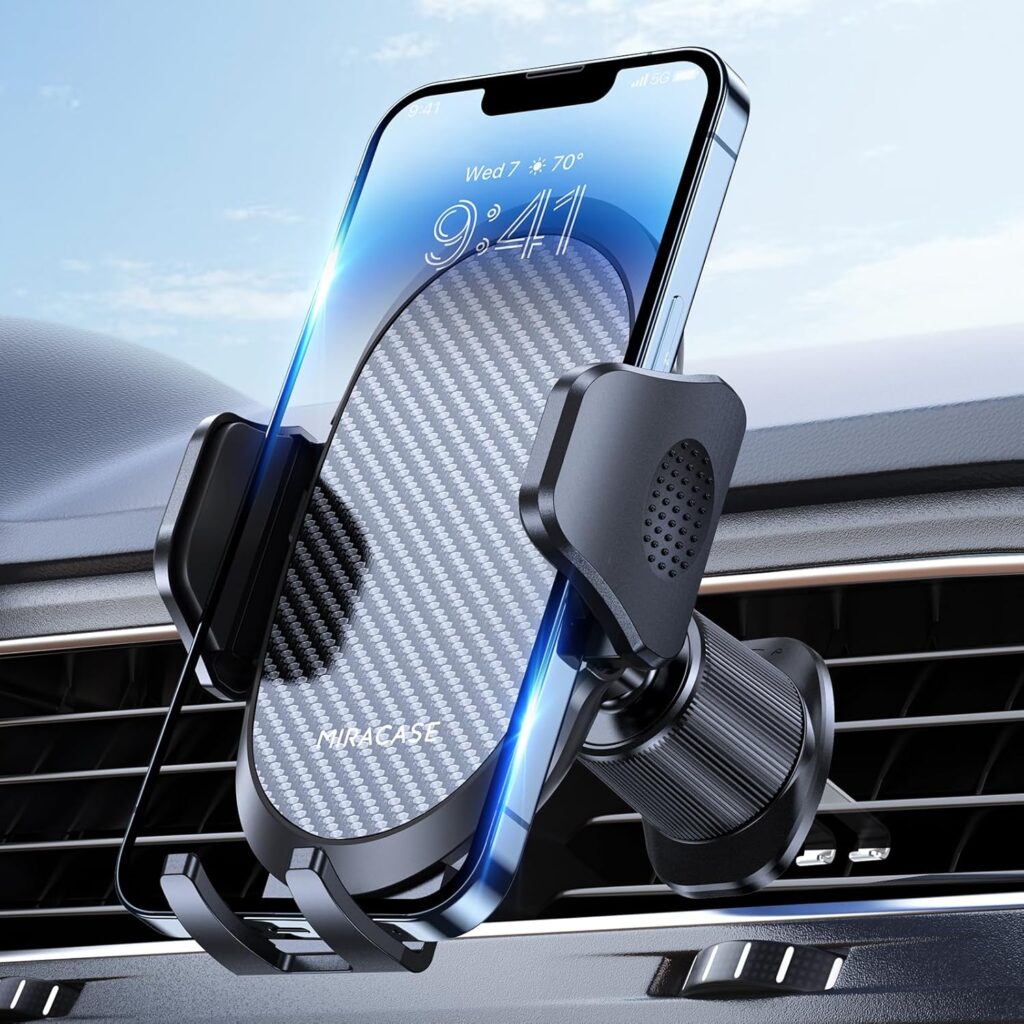Miracase Car Phone Holder, Stable Double Steel-Hook Air Vent Car Phone Mount Cradle 360°Rotation – Ultimate Upgrade – Dark Black