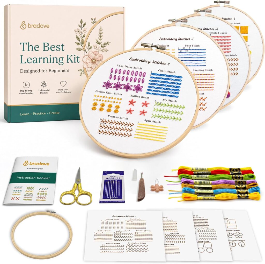 Bradove Classic Embroidery Learning Kit | Hand Embroidery Kit for Beginners with Threads Needles Scissor Fabrics – em-basic-1 – 8 inches – Stitch Practice